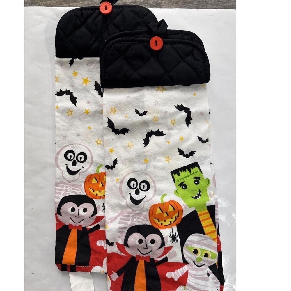 Halloween Monster Hanging Kitchen Towel Set Frankenstein Dracula Mummy 2pc